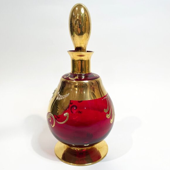 Vintage Bohemian Glass Ruby Red Gold Decanter 5" x 9.25" 1960's - Picture 2 of 11